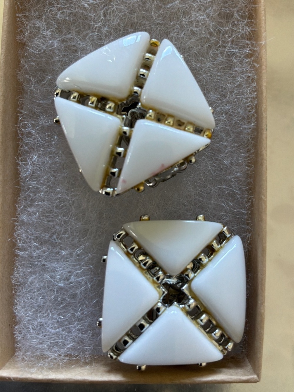 Vintage Sarah Coventry 1960s Mod Geometric White Milk Glass Clip On Earrings